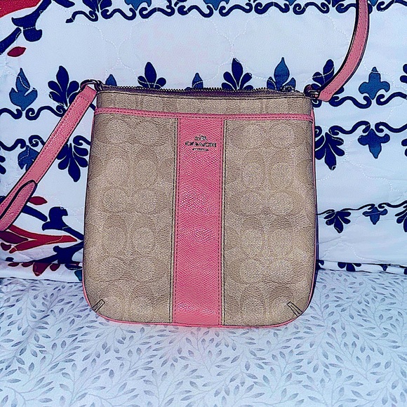 Coach Pink/Tan Signature Crossbody Purse - Picture 1 of 6